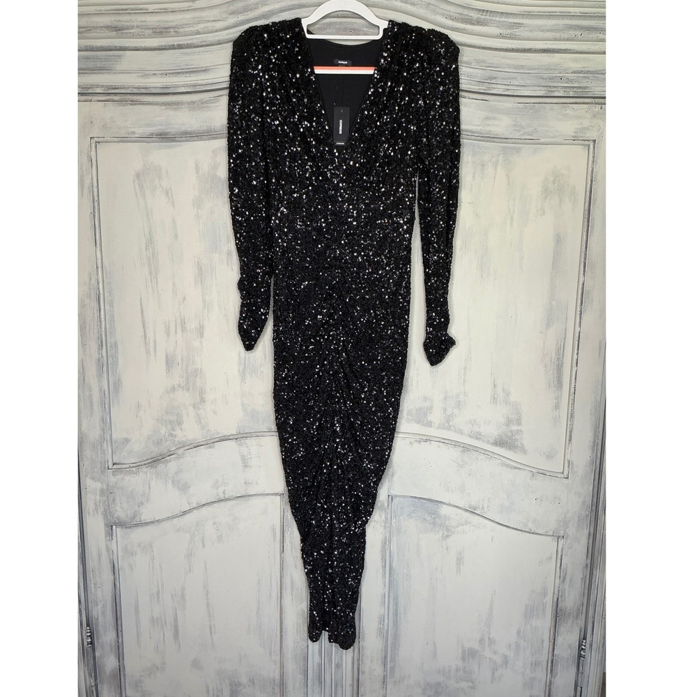 Express Sequin Midi Dress Womens Small Black Ruched V-Neck Long Sleeve Glam NEW - Picture 2 of 7